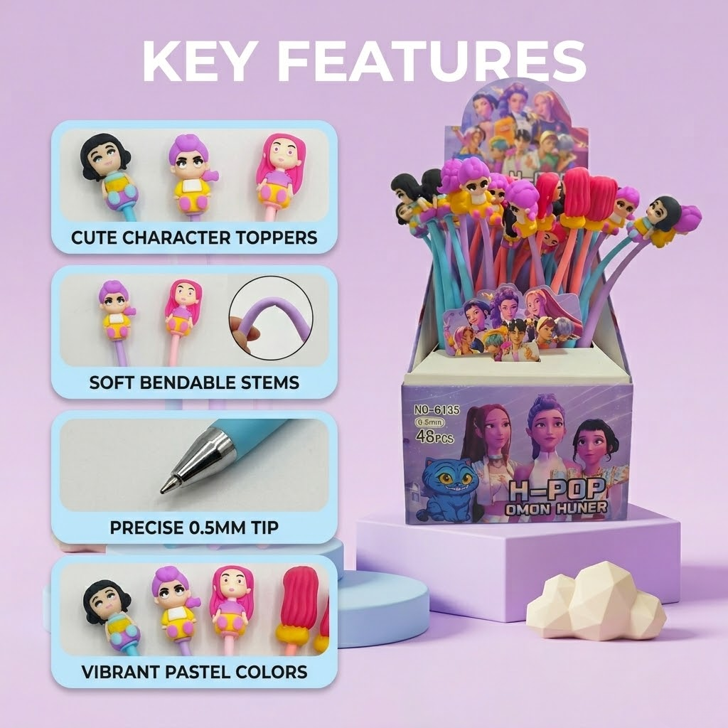 Cute cartoon topper gel pens for kids, kawaii character flexible pens pack of 48, birthday return gift stationery set for children