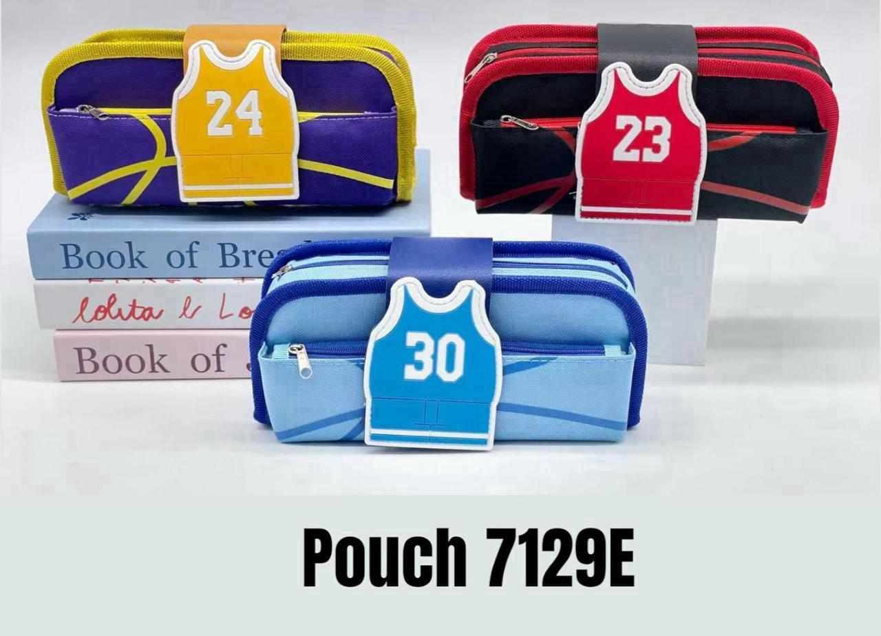 Basketball-themed pencil cases in purple, red, and blue designs featuring jersey numbers 24, 23, and 30.