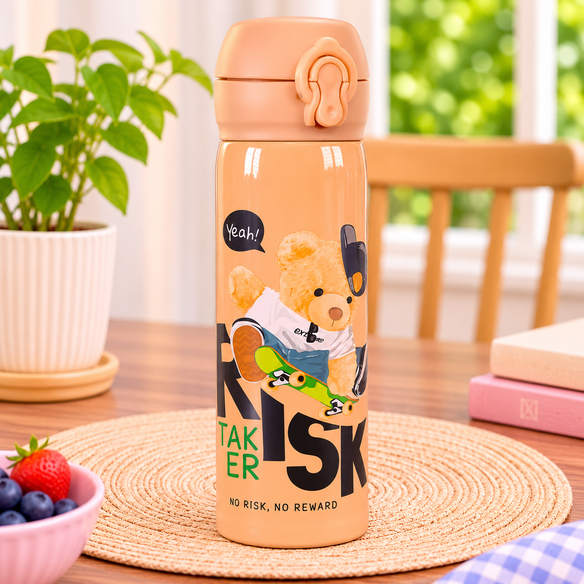 Teddy Bear Stainless Steel Water Bottle with Flip-Top Lock Lid