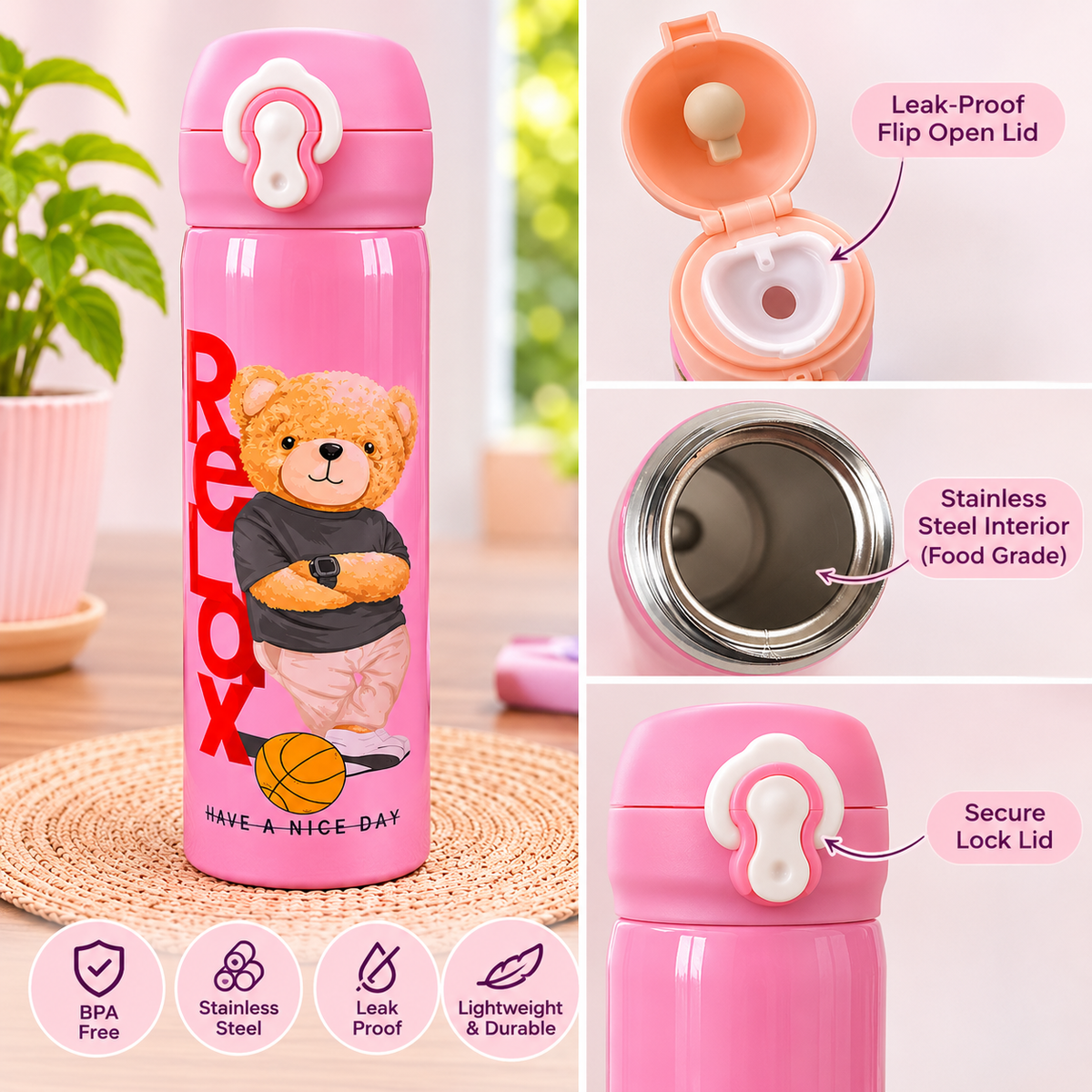Teddy Bear Stainless Steel Water Bottle with Flip-Top Lock Lid