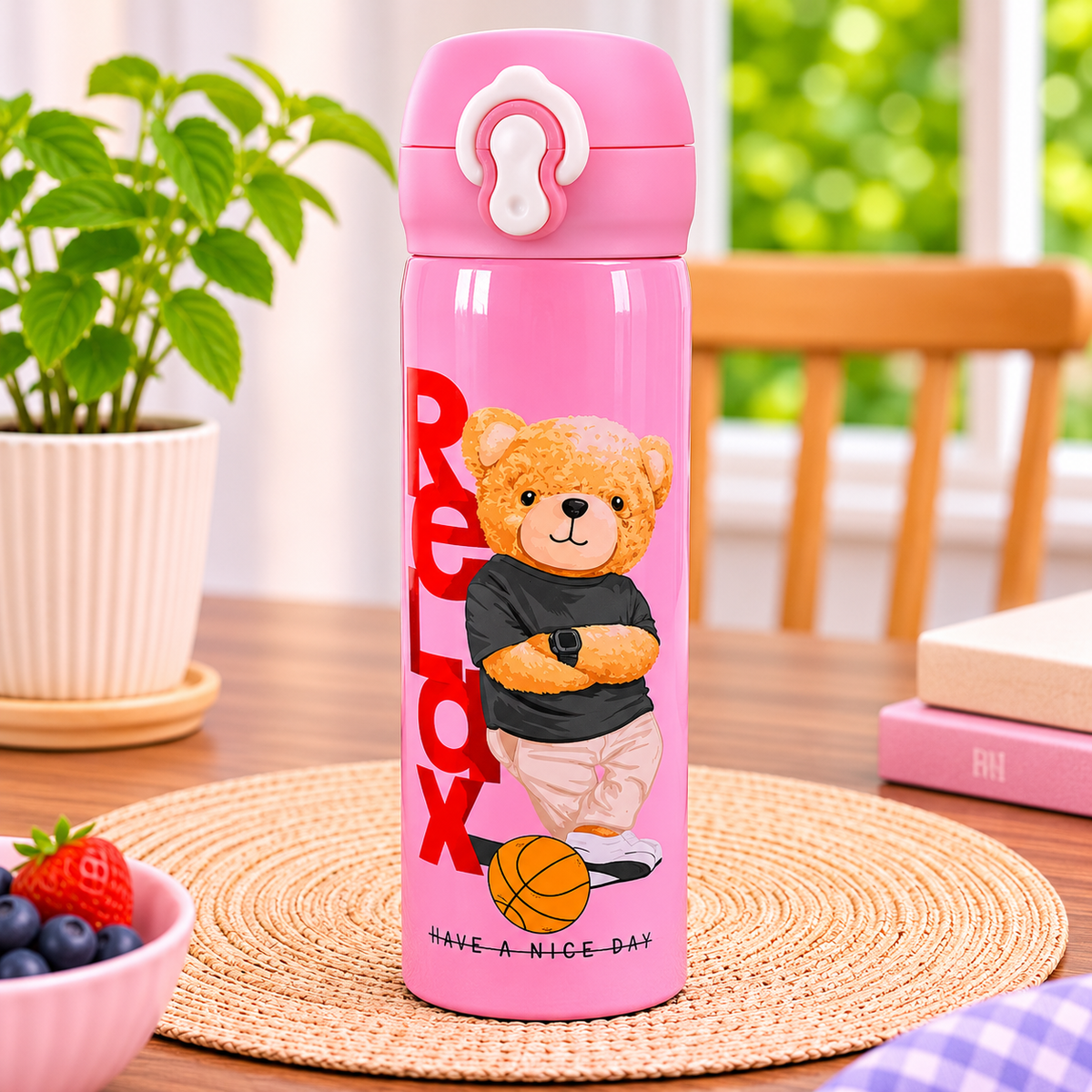 Teddy Bear Stainless Steel Water Bottle with Flip-Top Lock Lid