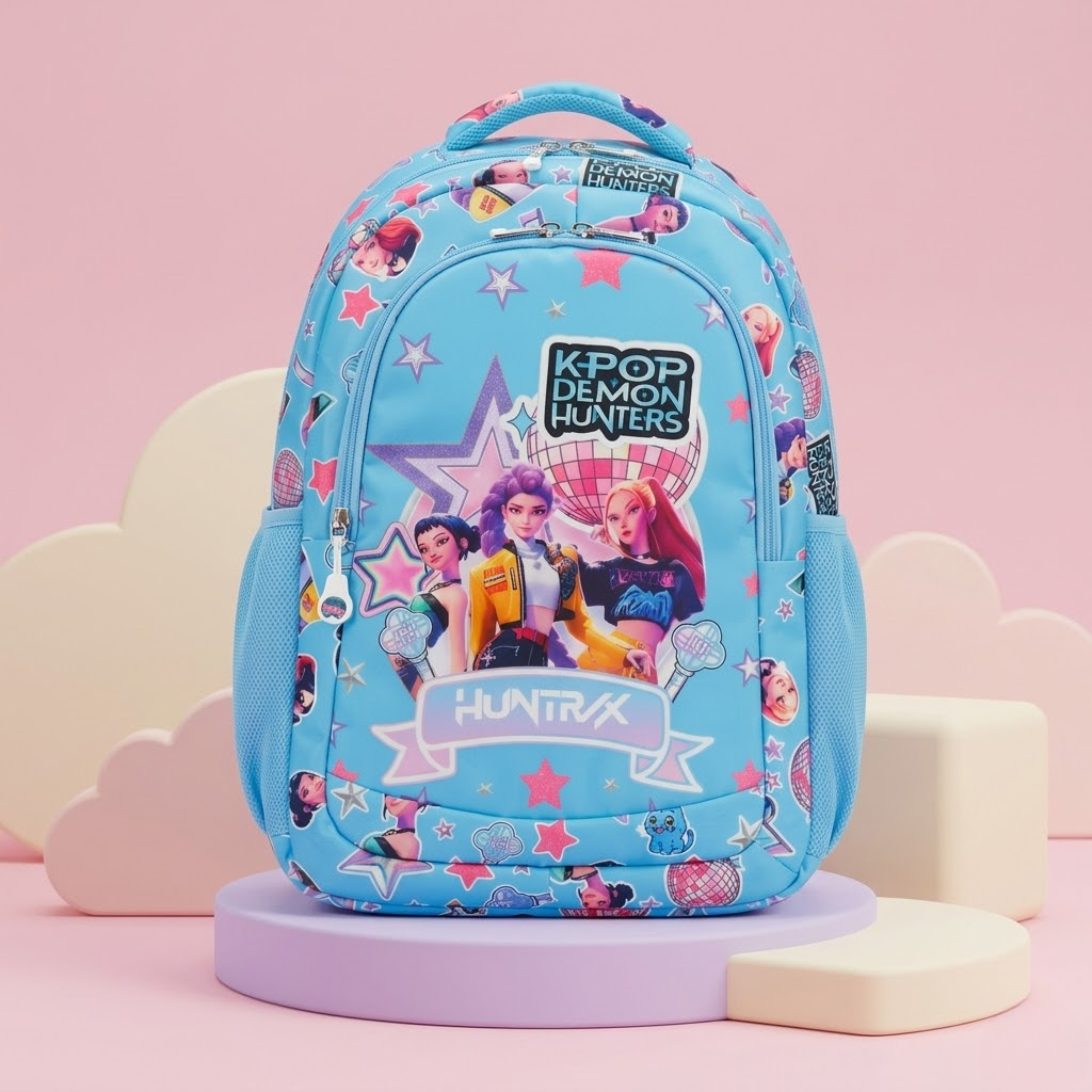 Kids K-pop demon hunters 3 compartment backpack with padded straps and dual bottle holders