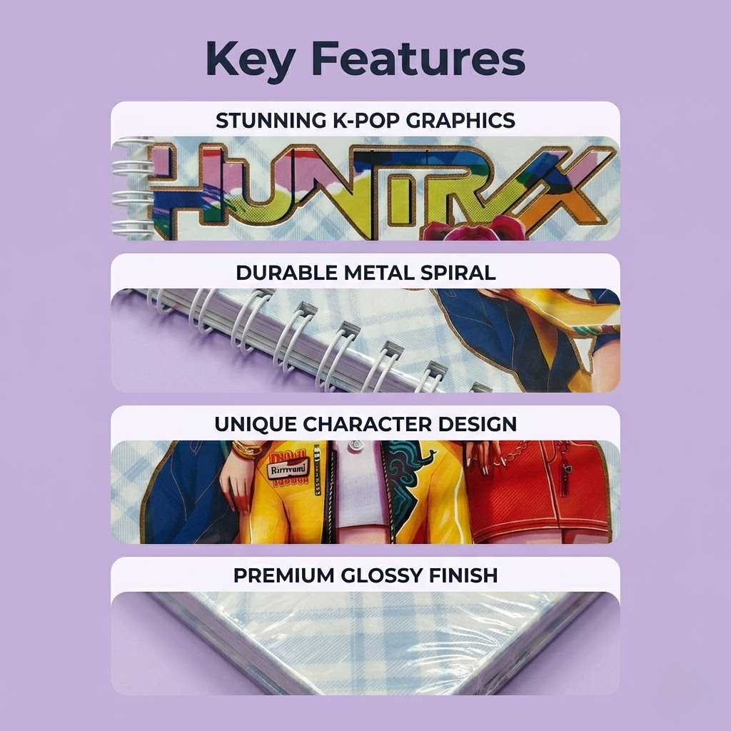 Huntrix A5 spiral notebook with K-pop themed character design for kids and teens.”